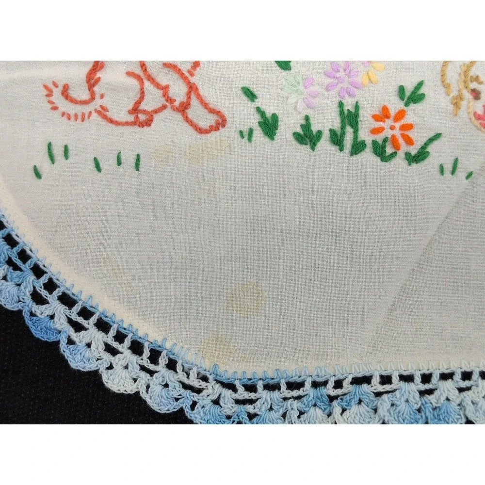 Pair VTG Handmade Embroidered Table Runner Farmhouse Farm Animals Blue Crochet
